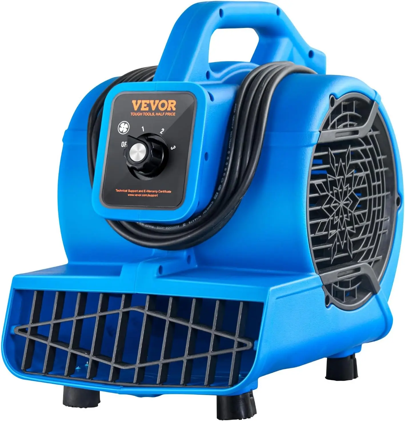 VEVOR Portable Floor Blower, 1360 RPM, 600 CFM Air Mover, 3-Speed Adjustment Multi-Speed Fans, 4 Blowing Angles, for Drying Floors, Commercial Use
