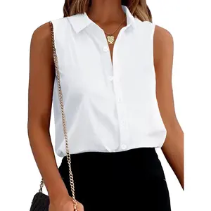 Women's Sleeveless Button Down Shirts Blouses Solid Casual Loose V Neck Tank Tops for Work S-XXL