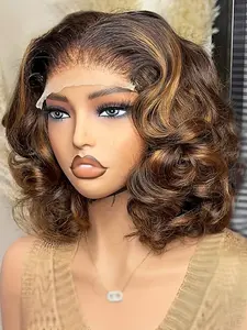 Ombre Highlight Blonde Brown Soft 18-Inch Bob Wig, Heat Resistant Synthetic Lace Front Wig, Glueless, Daily Wear, 13x4x1 Front Piece