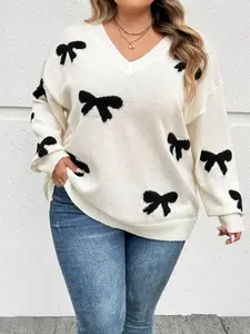 Women's Fashion Plus Size Knit Sweater, Sweet Butterfly Knot Print V-Neck Pullover, Casual Spring & Fall Loose Fit Top
