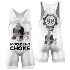 BattleFitGear Moo Deng Hippo Choke White Wrestling Singlet – Men's Compression Fightwear for BJJ, MMA, Grappling & Gym Warriors