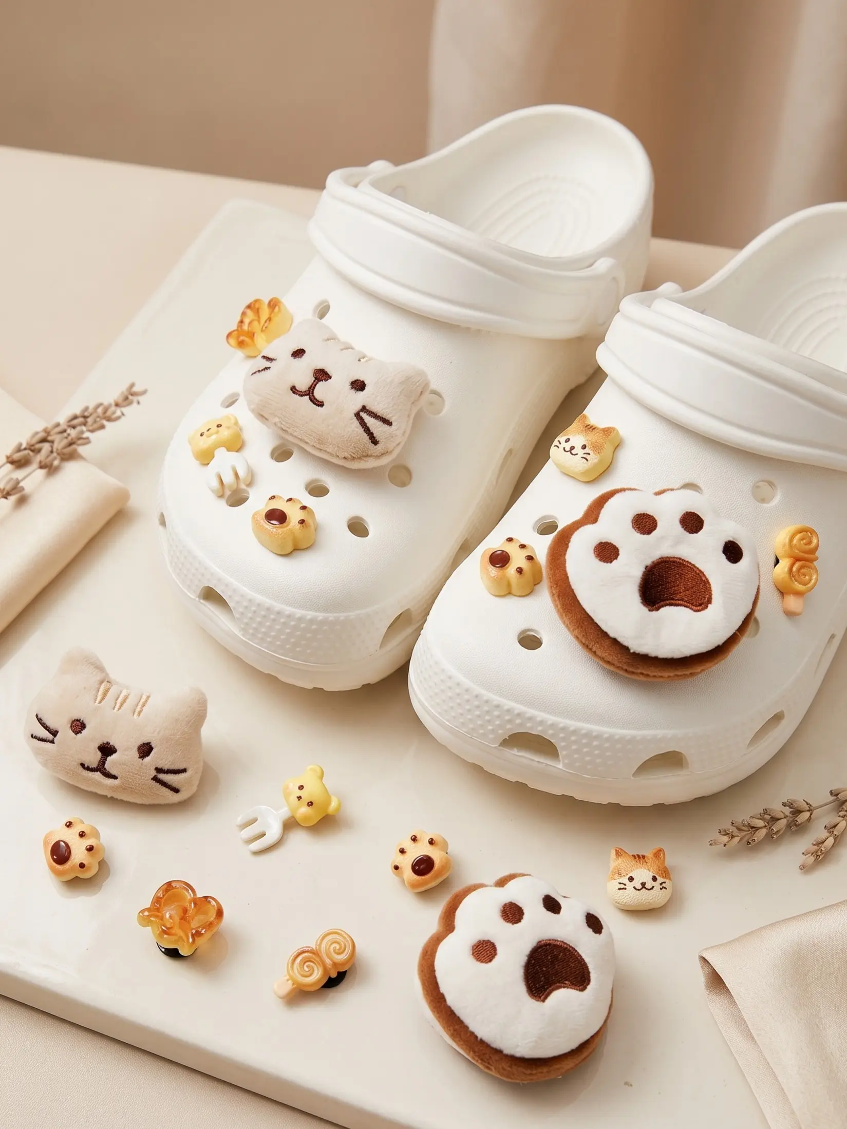 8 Piece Set of Cute Plush Cat Paw Bread Shoe Charms  3D Cartoon Cat and Pretzel DIY Accessories; Fun, Removable Decorations for Clogs, Garden Shoes, and Slides; Cute Gift for Girls and Teens (Shoes Not Included)