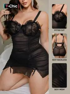 Valentine's Day Plus Size Lace Patchwork Mesh Fabric Lingerie Set, Sexy Ruched Folded Fit Design, All-Season Comfort, Special Occasion Sleepwear