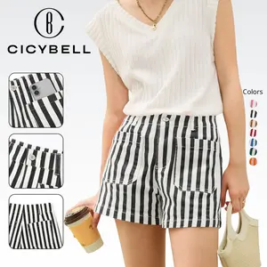Cicy Bell Womens Summer Striped Jean Shorts Casual High Waisted Wide Leg Denim Shorts Beach Vacation Jorts