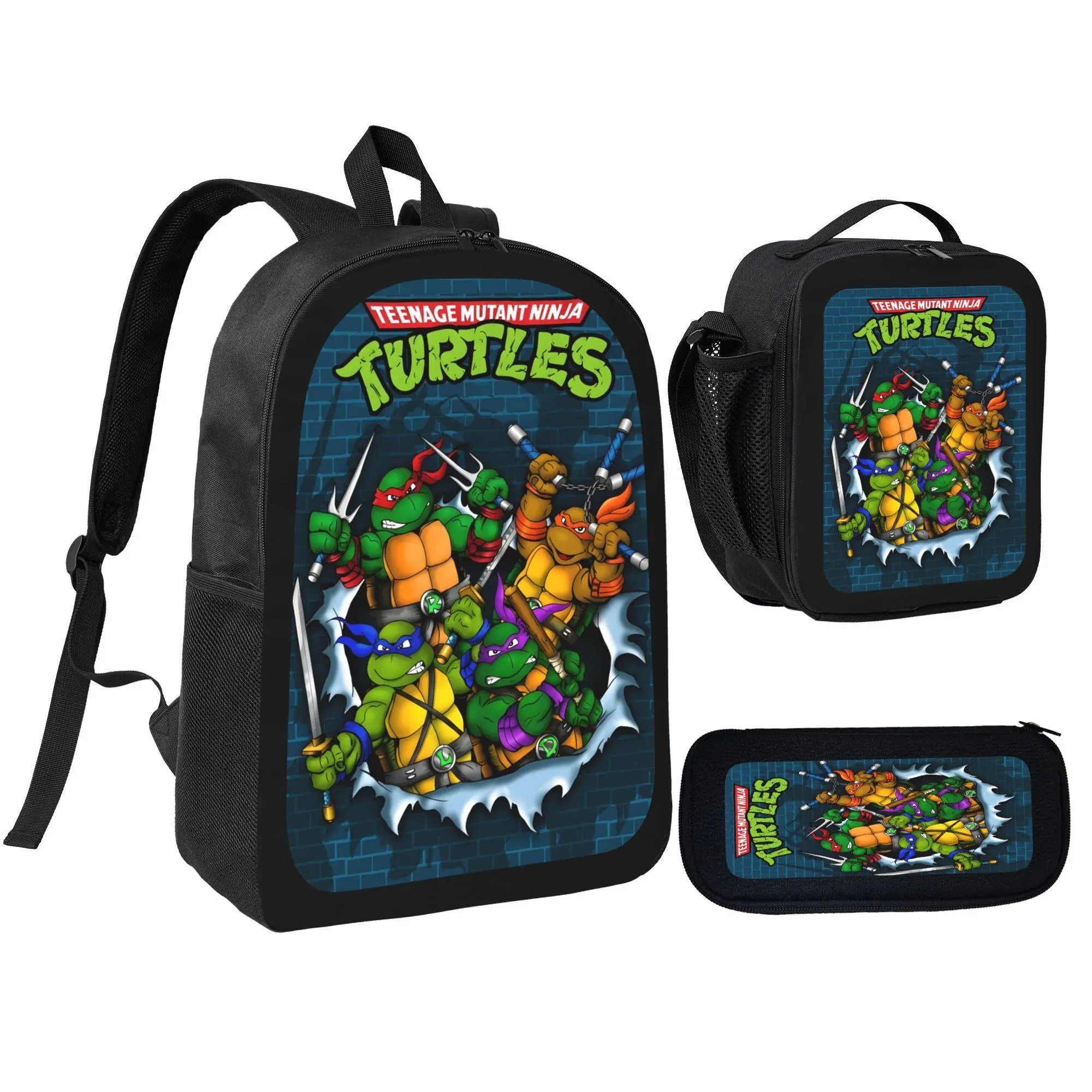 Ninja Turtle 3 In 1 Backpack Set Polyester Large Capacity Bookbag With Lunch Bag And Pencil Case Lightweight Travel Daypack Hero Turtle Character Print Fan Gift
