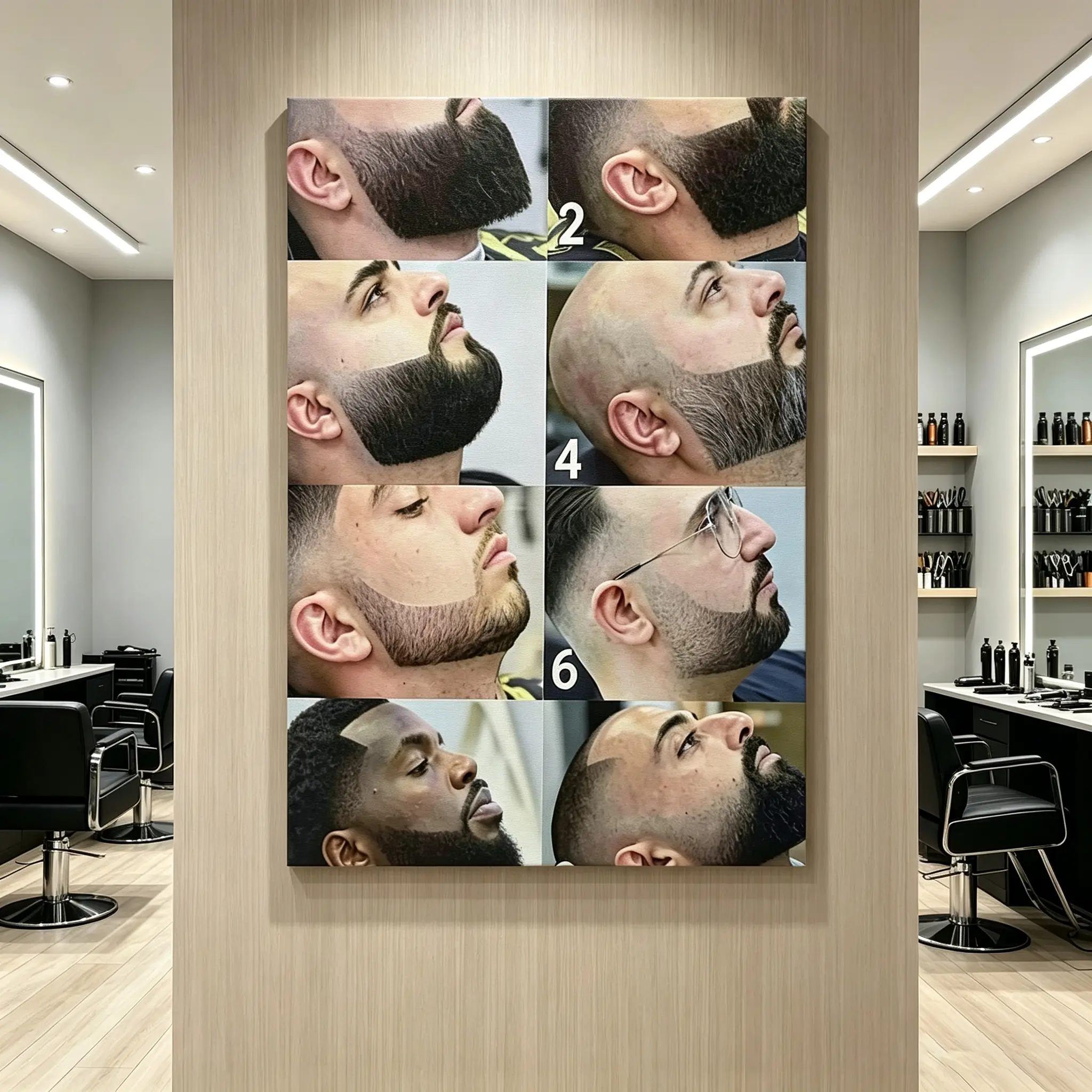 2D canvas poster, designed specifically for men, featuring a modern barber shop haircut chart design. It is a dynamic guide for beard and mustache styling, making it a perfect choice for bedroom wall art