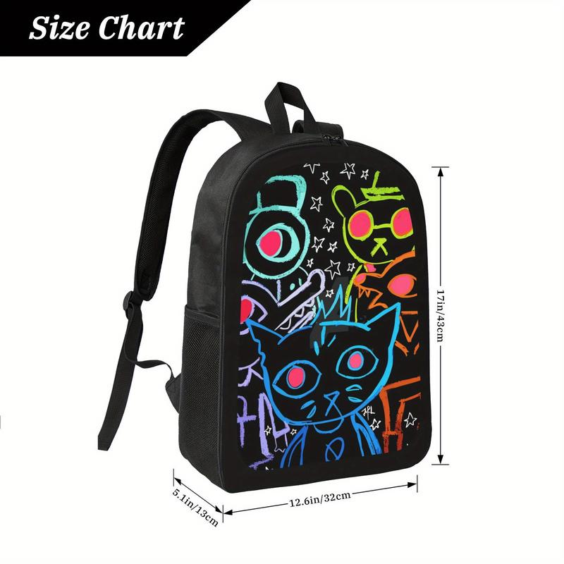 Night in the Woods Backpack - Large Capacity School Bag with Adjustable Shoulder Straps, Lightweight Backpack for Teens, College, Travel - Cute Night in the Woods Characters (Black with Neon Colors) - Durable Zipper Closure Backpack for Boys & Girls, Back
