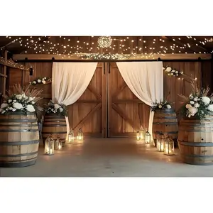 2D flat, 1-piece, stylish farmhouse wedding backdrop with floral arches and ropes, designed with rustic wooden doors and white curtains for weddings, birthdays