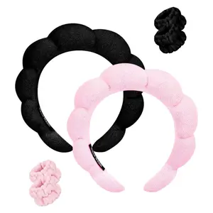 Spa Headbands for Washing Face - 2 Pack Puffy Makeup Headbands for Face Washing, Wristband Set for Women Girls Tubi Hair Wrap Pink
