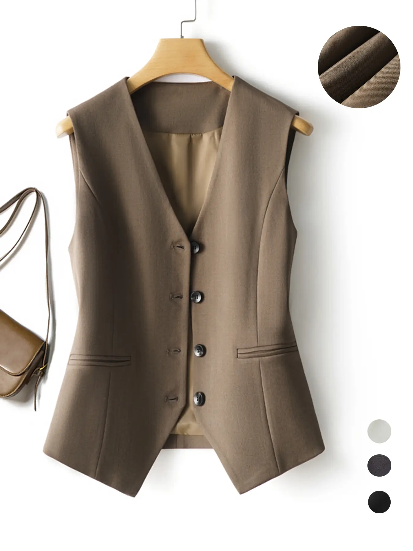 Women's Solid Button Front Vest Blazer, Elegant Minimalist V Neck Pocket Suit Vest For Work Office Business, Ladies Spring & Fall Clothes, Modern Easy