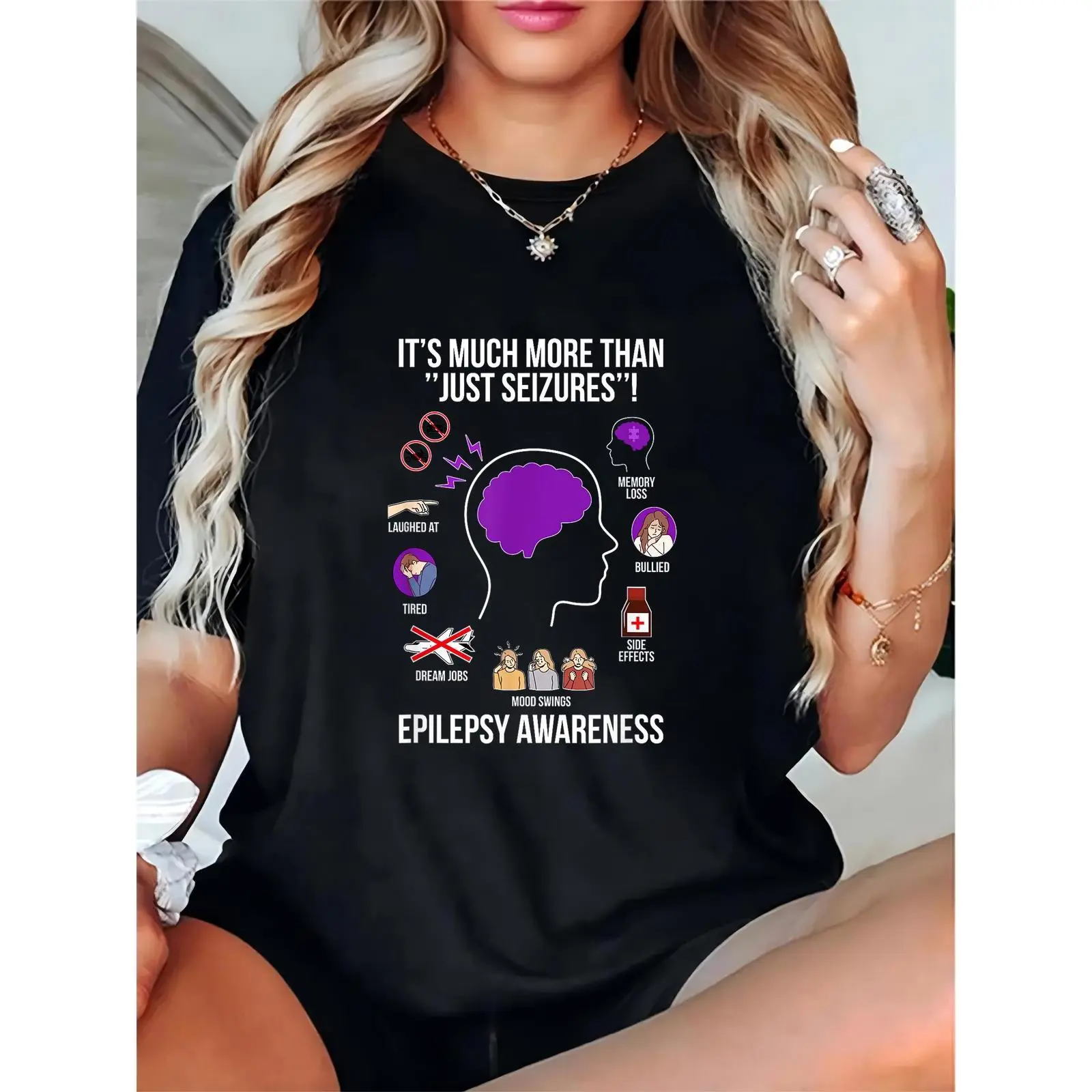 Women's Graphic T-Shirt, Casual Epilepsy Awareness Print, 100% Cotton Short Sleeve Round Neck Top, Comfortable Breathable Relaxed Fit, Lightweight, Tshirt, Crew Neck, Loose, Skirts