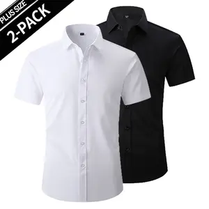 2PCS Big Size Men’s Breathable Solid Short Sleeve Shirts, Oversize Office Daily Wear Shirts Multipack