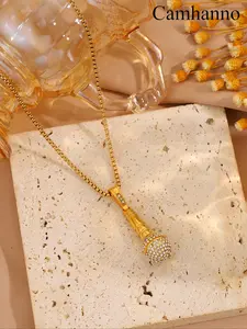 Stylish Stainless Steel Microphone Diamond Necklace, Perfect Gift for Couples, Casual Daily Wear Accessory, All Season Jewelry