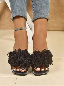 Women's Floral Flat Sandals, Fashionable Casual Lightweight Beach Slippers, Comfortable Square Toe Summer Footwear