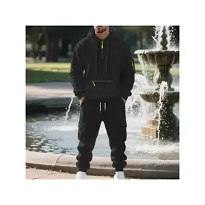 Bmuvlss 2pcs Set Men's Thermal Tracksuit - Fleece-Lined Hooded Jacket & Pants Set, Breathable Athletic Tracksuit with Full-Length Zip-Free Design, All-Season Gym, Jogging, Lounge Wear - Machine Washable (S-XXL) - Solid Black/ with Neon-Zero Accent - Idea