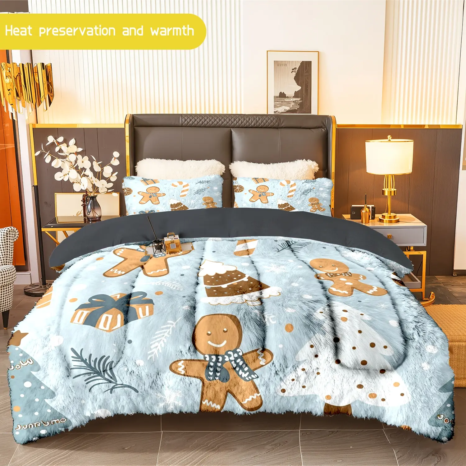 3pcs (1 comforter + 2 pillowcases) Christmas - themed Flannel & Milk Velvet Comforter Set, Soft Warm Cozy Bedding Set for Adults, Trendy Holiday Bedding Essentials