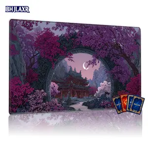 Serene East Asian Dusk Scene MTG Playmat - 12x24inch Non-Slip TCG Playmat for Family Gathering & Gift, Enchanted Landscape with Pagoda & Flowers