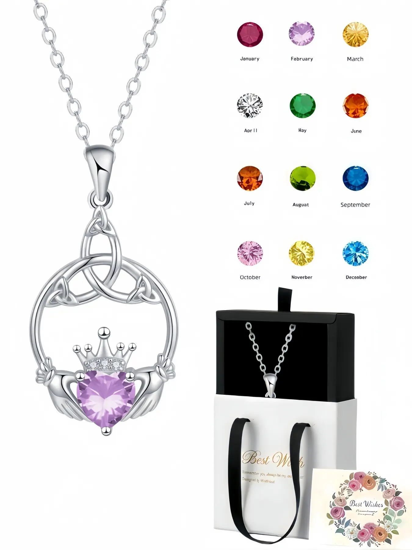 Claddagh Heart Luxury sparkling Celtic crown witch knot necklace with twelve birthstones.Comes with an exquisite drawer-style jewelry gift box for women.Perfect for birthdays, Mother's Day, Valentine's Day, Christmas and anniversaries.