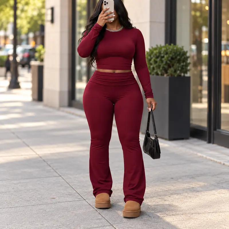 Women's Plus Size 2-Piece Basic Set, Burgundy Round Neck Longsleeves Stretchy Crop Top & Flare Leggings, Slimming Casual Going Out Streetwear Outfit (Women's Clothes)