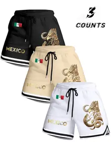 Men's 3-Pack American Snake Eagle Print Gym Shorts, Adjustable Waist Drawstring, Side Stripe Design, Summer Casual Wear