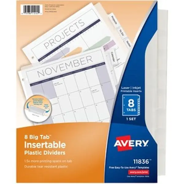 Avery AVE11836 Big Tab Insertable Plastic Dividers - 8-Tab Set, Clear