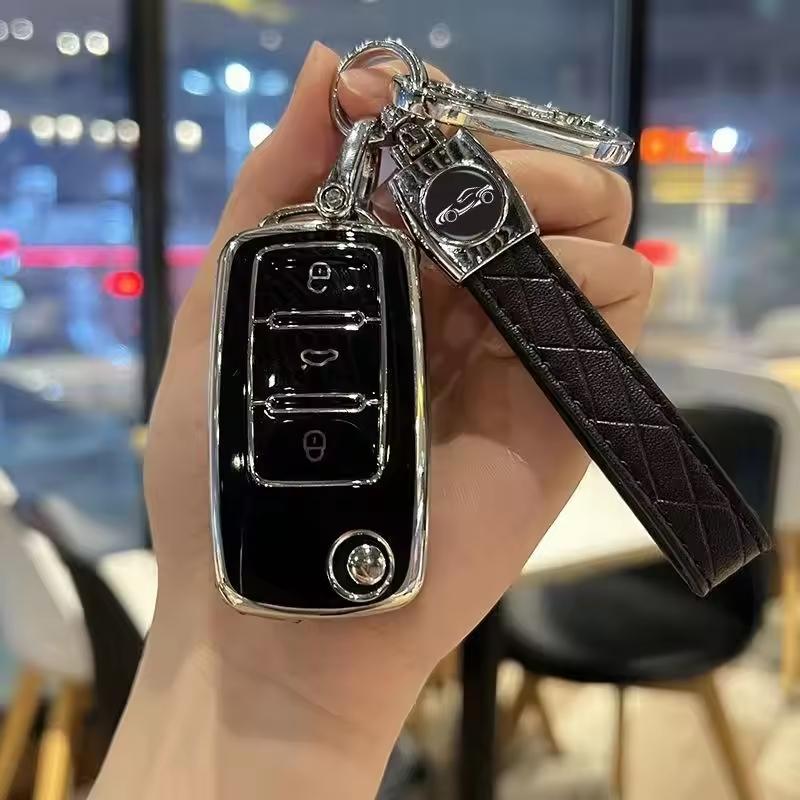 TPU Car Key Case with Keychain, Fashionable Car Key Protector for VW Volkswagen Polo Golf Passat Tiguan Beetle Caddy T5 Up Eos For Skoda Octavia Seat Leon Altea，Women Gift, Car Key Accessory