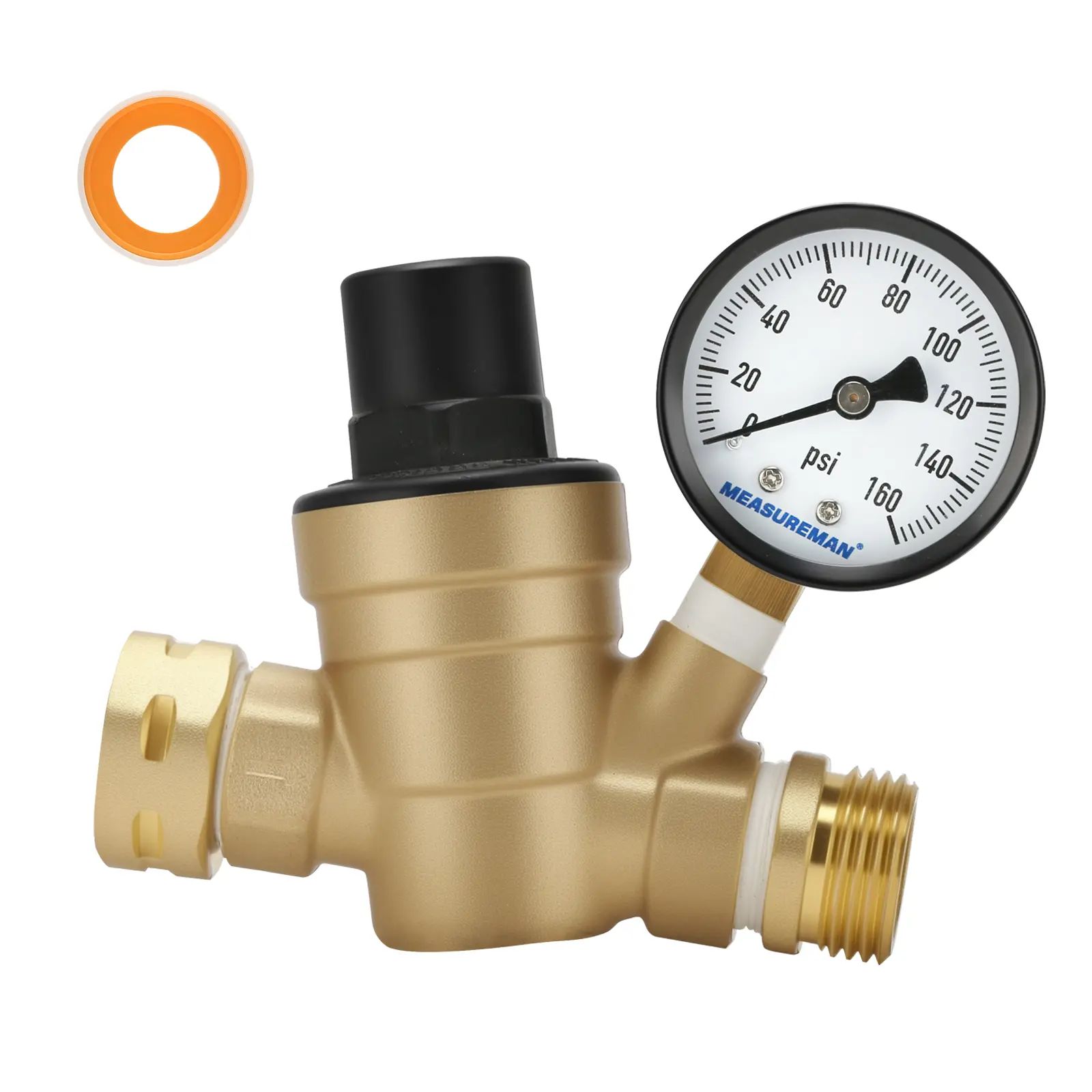 Measureman RV Water Pressure Regulator Valve Brass Lead-Free Adjustable Reducer with Gauge & Inlet Screen Filter for Camper Travel Trailer