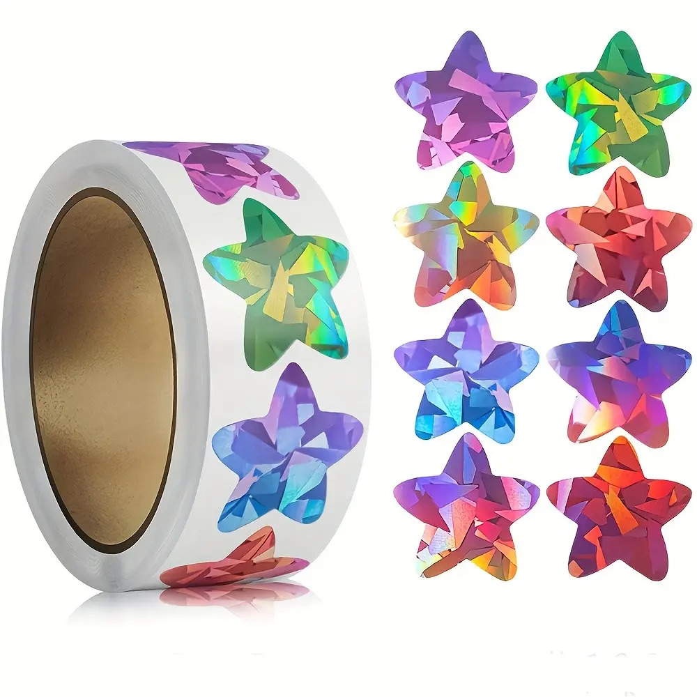 500pcs/roll Laser Holographic Star Stickers, Colorful Handmade Stickers, Gift Decoration Labels, Reward Stationery Stickers, Scrapbooking Crafts Stickers, Sticker Collage Pack