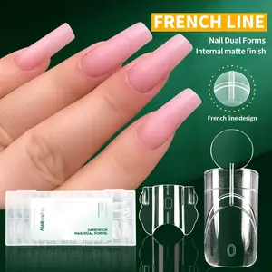 Sandwich French Line Nail Dual Forms, Pre-shaped French Tip for Easy Gel Extension, Matte Inner Reusable Top & Bottom Molds, Nail Art Design, Available in 4 Shapes (Square Coffin Almond Oval) DIY Nail Art