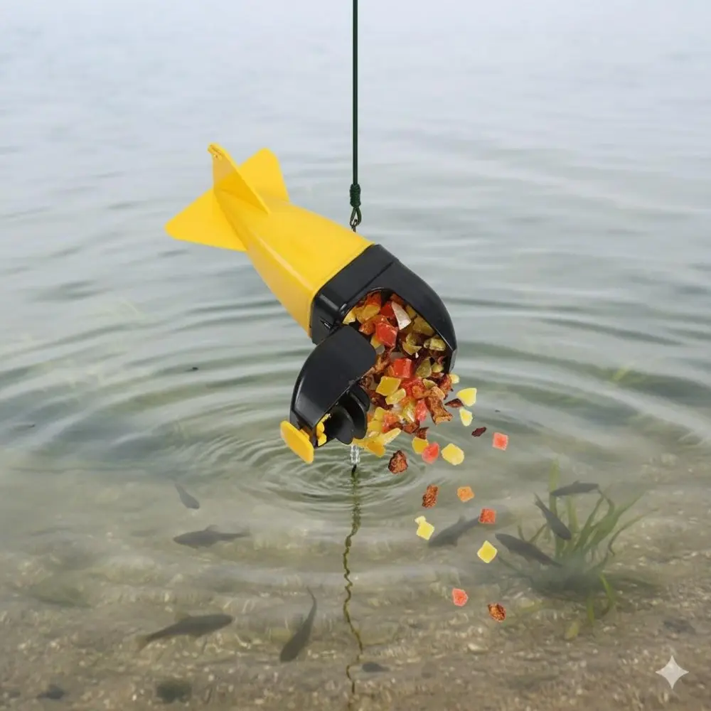 Automatic Bait Launcher Feeder Container, Rocket Casting Hard Lure Dispenser Set with Hanging Holes, Long-Distance Bait Thrower, Portable Double-Layer Durable Tackle Box for Fishing Gear Accessories