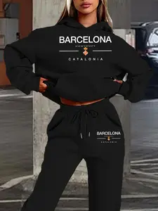 Women's Hooded Sweatshirt Set, Fall & Winter, Barcelona Catalonia City Landmark Print, Casual Fitted Style, Jogger Pants Craft