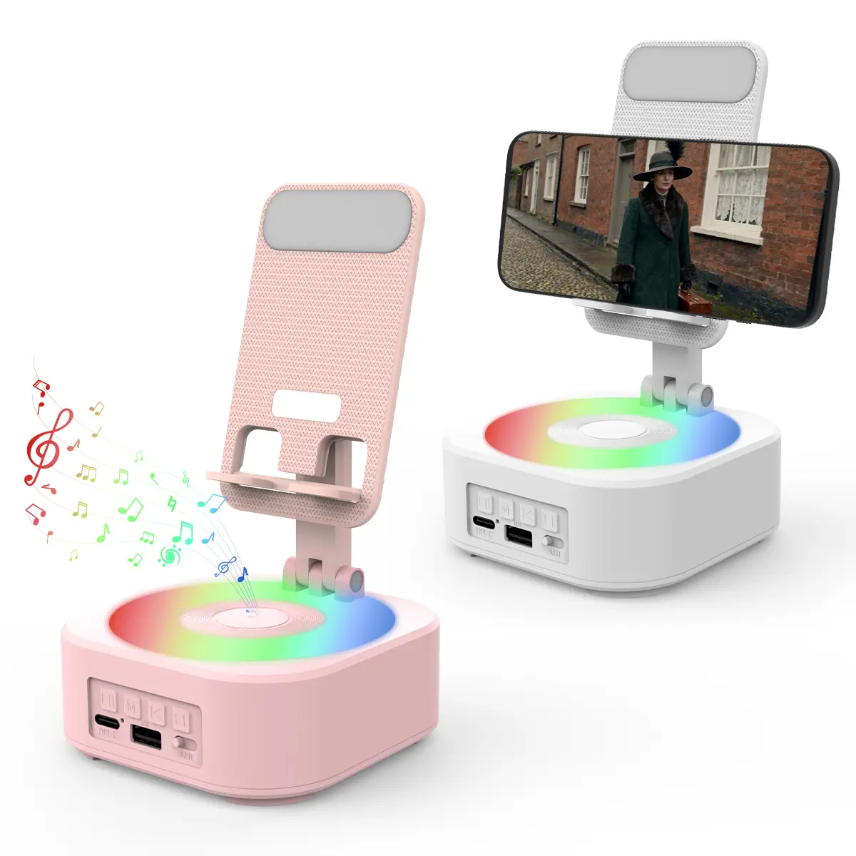 MEKO Wireless Audio Bluetooth Speaker 5in1 Phone Holder Emergency Rechargeable with Colorful Ambient Light 300° Foldable for Tablet iPhone Android, Gifts for Men Women ,Pink