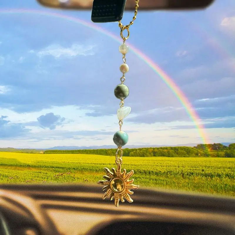 Boho-Style Sun Design Car Hanging Ornament, Car Stuff, Truck Accessories, Handcrafted Green & Golden Sun Car Charm with Healing Crystals, Car Gadgets,