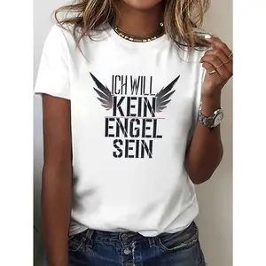 Women's Rammstein Angel Print T-Shirt - White, Short Sleeve Crew Neck, Stretchy Polyester Blend, Casual Summer & Spring Top with German Quote & Wing Design