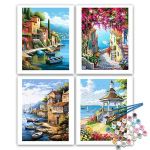 4pcs Paint By Numbers Kit for Adults Beginners -16x20in/40x50cm Color Canvas, Easy DIY Seaside Scenery Acrylic Painting Set - Wall Decor for Living Room and Bedroom, Creative Gift for Birthday, Mother's Day and Christmas, Without Frame