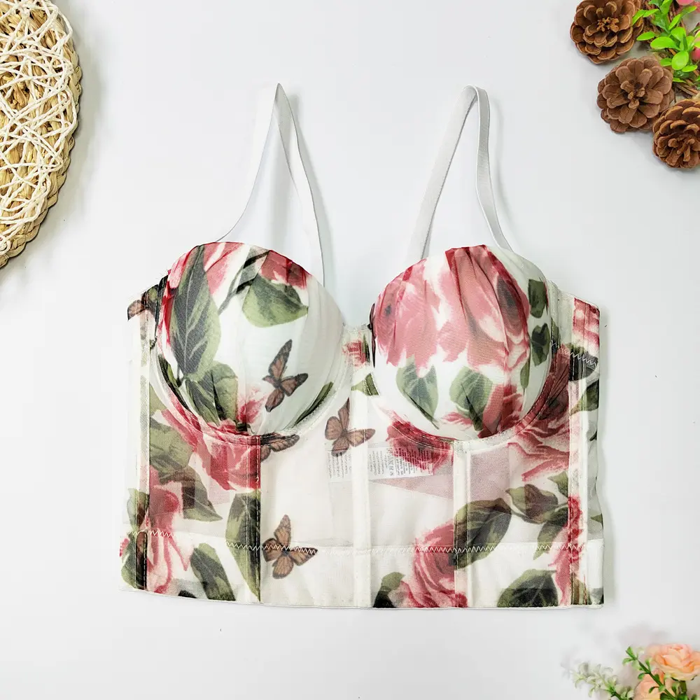 Women's Elegant Floral Butterfly Print Corset Tank Top - Sexy Spaghetti Strap Fishbone Boning Shaper Clothes, Blush Pink Party Crop Piece