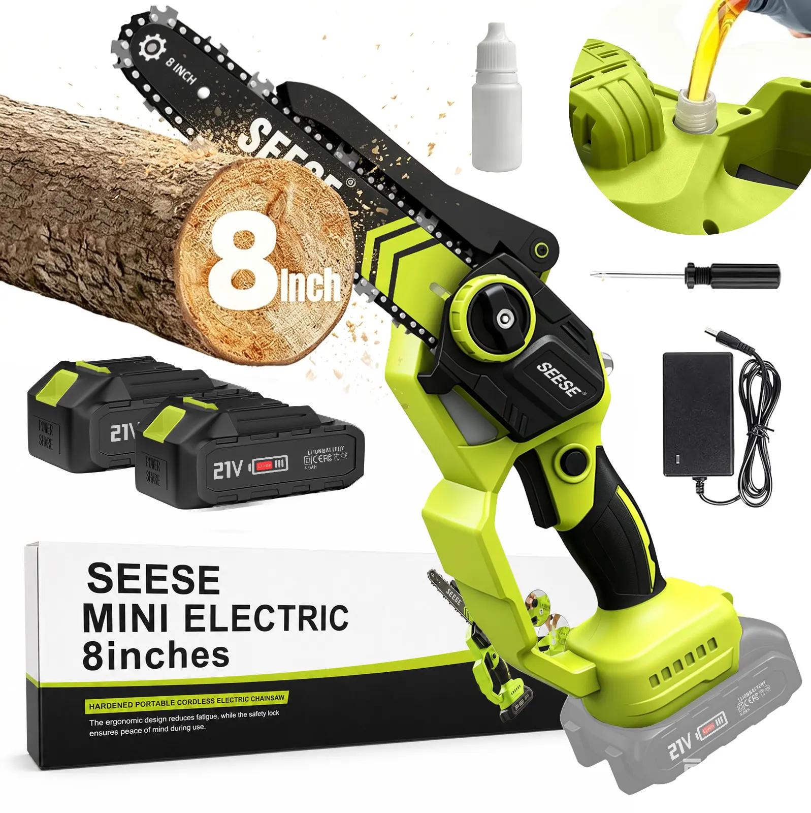 SEESE Brushless Mini 8"ChainSaw Oil System- Portable Electric Cordless Saw for Wood Cutting, Batteries (2000mAh) ,Pruning, Gardening, Camping - Suitable for Seniors, Women Holiday gifts, Halloween gifts