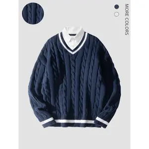 Men’s preppy-style knit sweater with a shirt collar and long sleeves, casual fitted design, perfect for outdoor wear in fall and winter