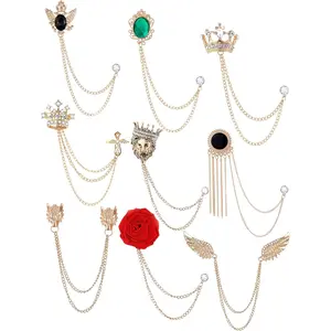 Tornito 9Pcs Tassel Chain Brooch Collar Pins Rose Flower Rhinestone Angel Wings Wolf Head Hanging Chains for Suit Lapel Tuxedo Shirts Tie Hat Scarf Brooch Pin Fashion Jewelry for Men's