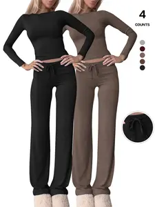 Women's 2-Piece Sweatsuit Sets Fall, Y2K Style Sporty & Casual Design, Solid Color Fitted Long Sleeve Top & Long Pant Set