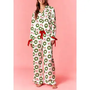 Women's Christmas Pajama Set Long Sleeve Festive Green Wreath Red Bow Print Shirt Pants Holiday Sleepwear Lightweight Comfy 100 Percent Polyester Two Piece Lounge Set Christmas Pajamas