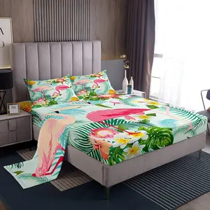 Feelyou Tropical Flamingo & Palm Tree Print Bedding Set - Soft Breathable Microfiber Sheets, Breathable Durable Decorative Bedsheet Sets with Deep Pocket Fitted Sheet, Breathable Durable Sheets
