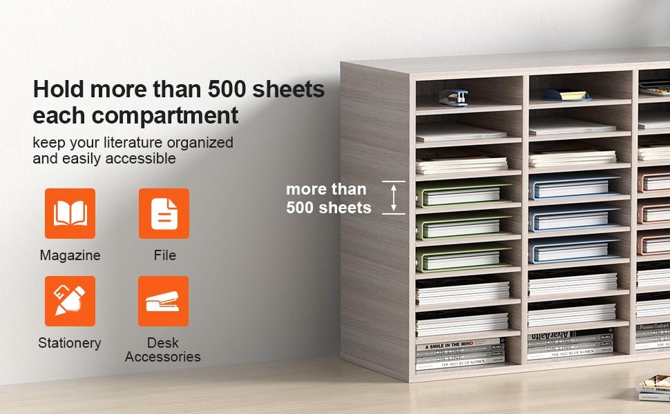 27 Compartments Wood Literature Organizer With Adjustable Shelves In MDF Mail Center For Office Home School Storage Of Files Documents Papers Magazines In Grey Finish, Ideal For Desk, Classroom, Library Organization