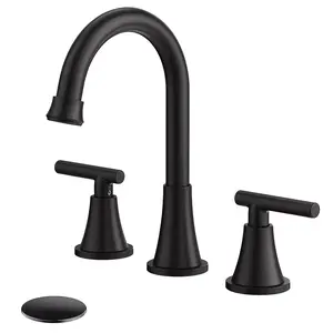 Modern Bathroom Faucets 3 Hole, Matte Black Bathroom Sink Faucet 3 Hole Vanity with 360° Swivel Spout, Suitable for 8 Inch Widespread Sink with Pop-up Drain and Supply Line