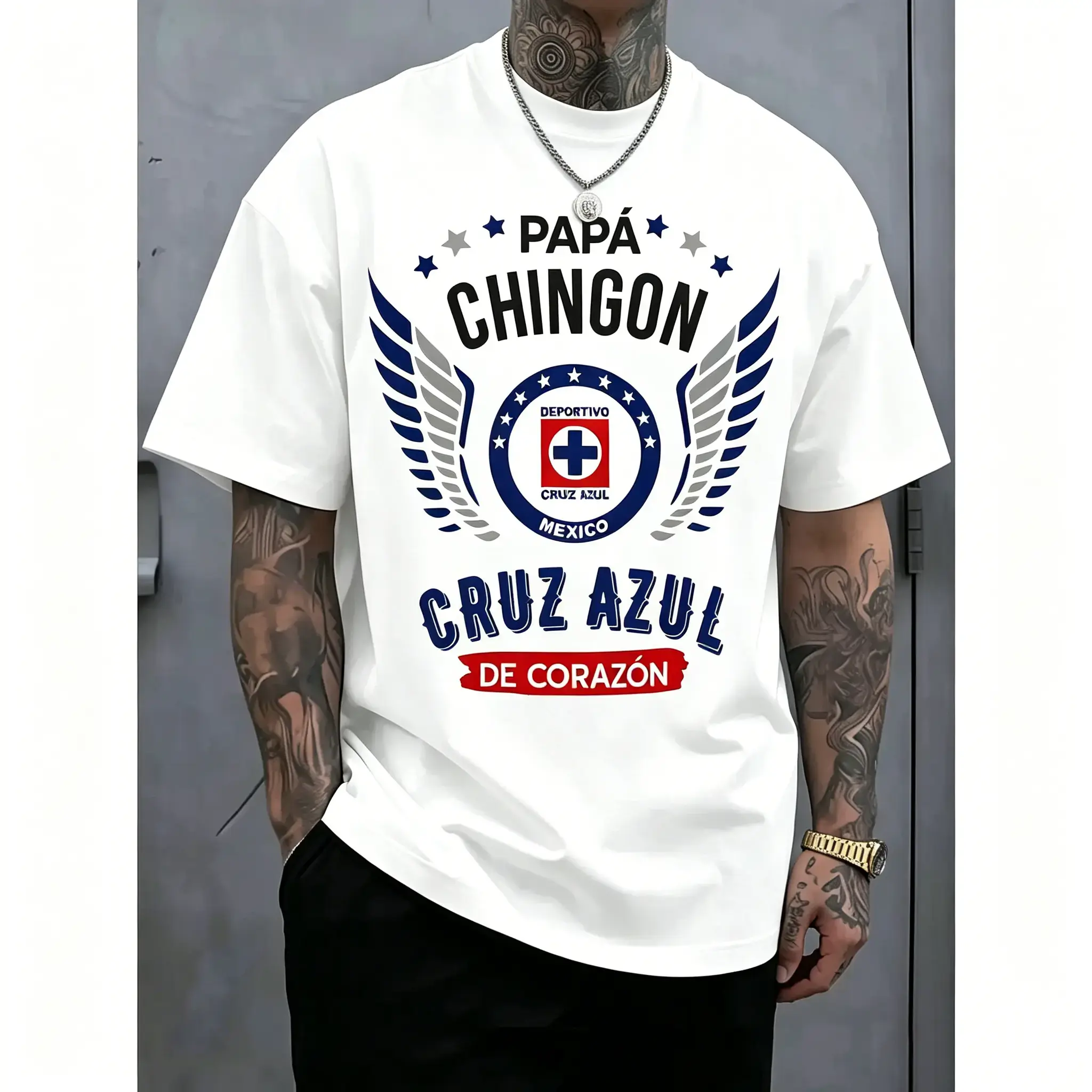 Cruz Azul Papa Chingon T-Shirt for Men, 100%25 Cotton Graphic Casual Wear, Breathable Short Sleeve Sportswear for Soccer Dads, Father's Day Gift, Shortsleeve, Tee, Oversized, Top, Tshirt, Breathable Fabric, Graphic Print, Bunny Motif