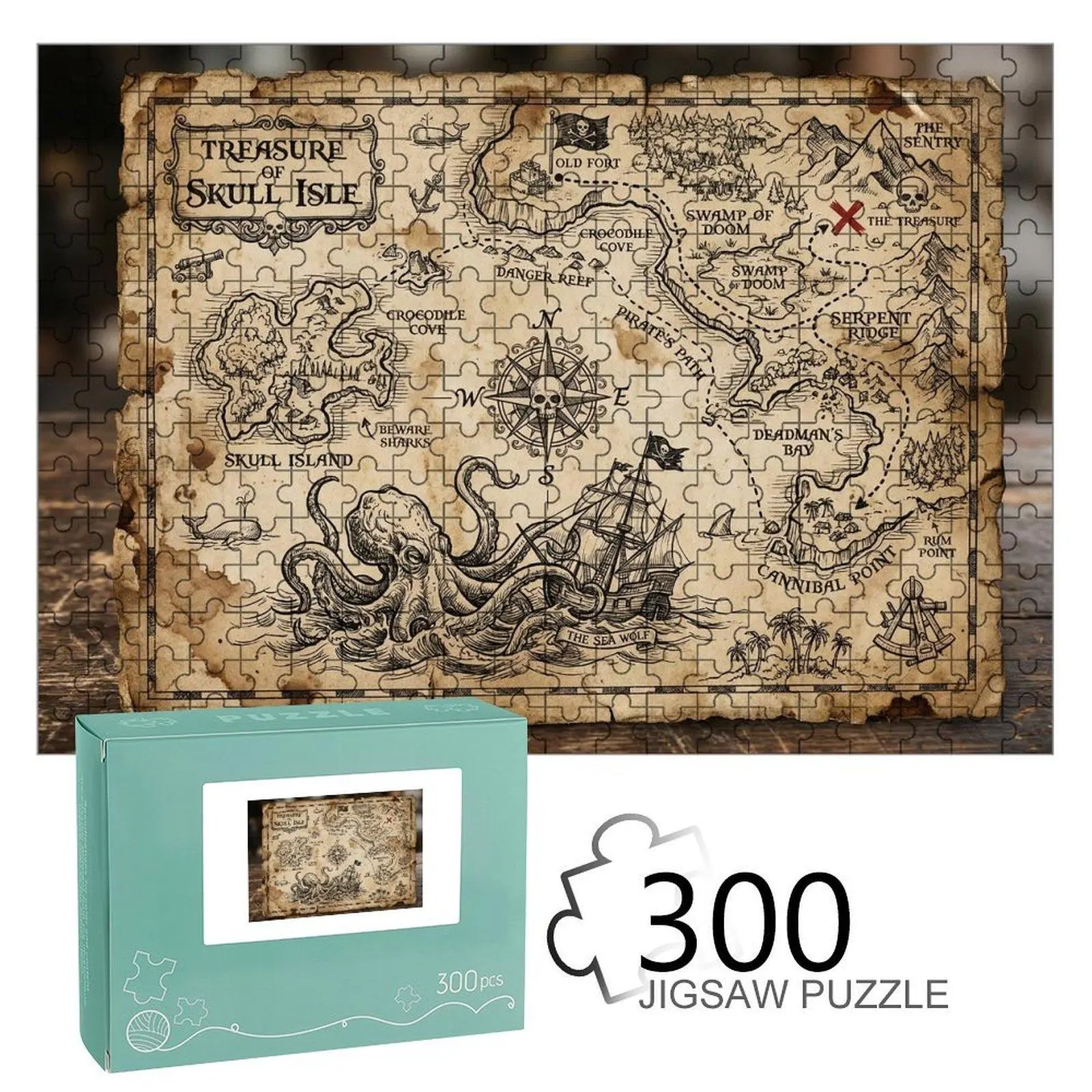 Vintage Skull Island Treasure Map Jigsaw Puzzle - Pirate Theme, Octopus Accent, High-Quality Home Decor & Supplies, Ideal for Games for Family, Family Game Night, House Decoration