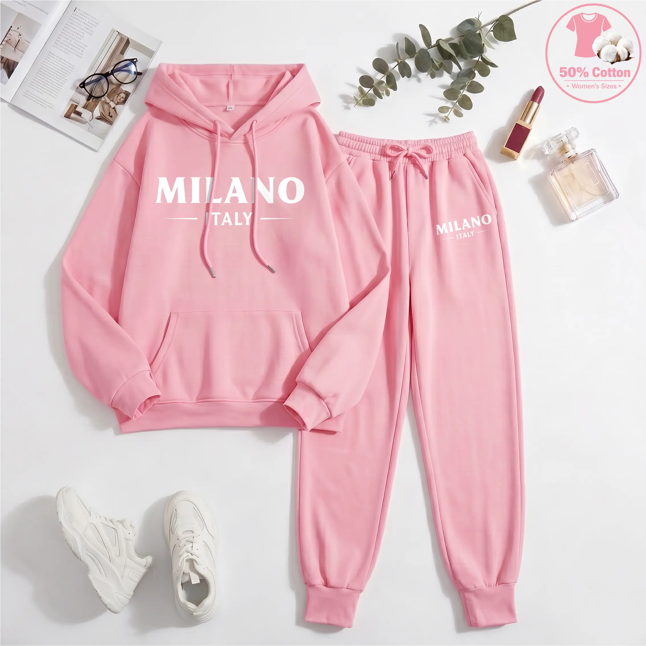 Women's MILANO City Print Hoodie And Drawstring Track Pants Set, Casual Sportswear, Long-Sleeved Hooded Jacket And Pants, Suitable For Autumn And Winter, Everyday Wear, Indoor And Outdoor Sportswear, Sportswear Set, Casual Sportswear.