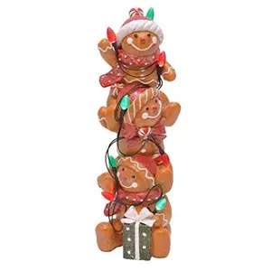 Stacked Gingerbread Men LED Figurine 12 Inch Christmas Tabletop Decor Battery Operated Holiday Decoration