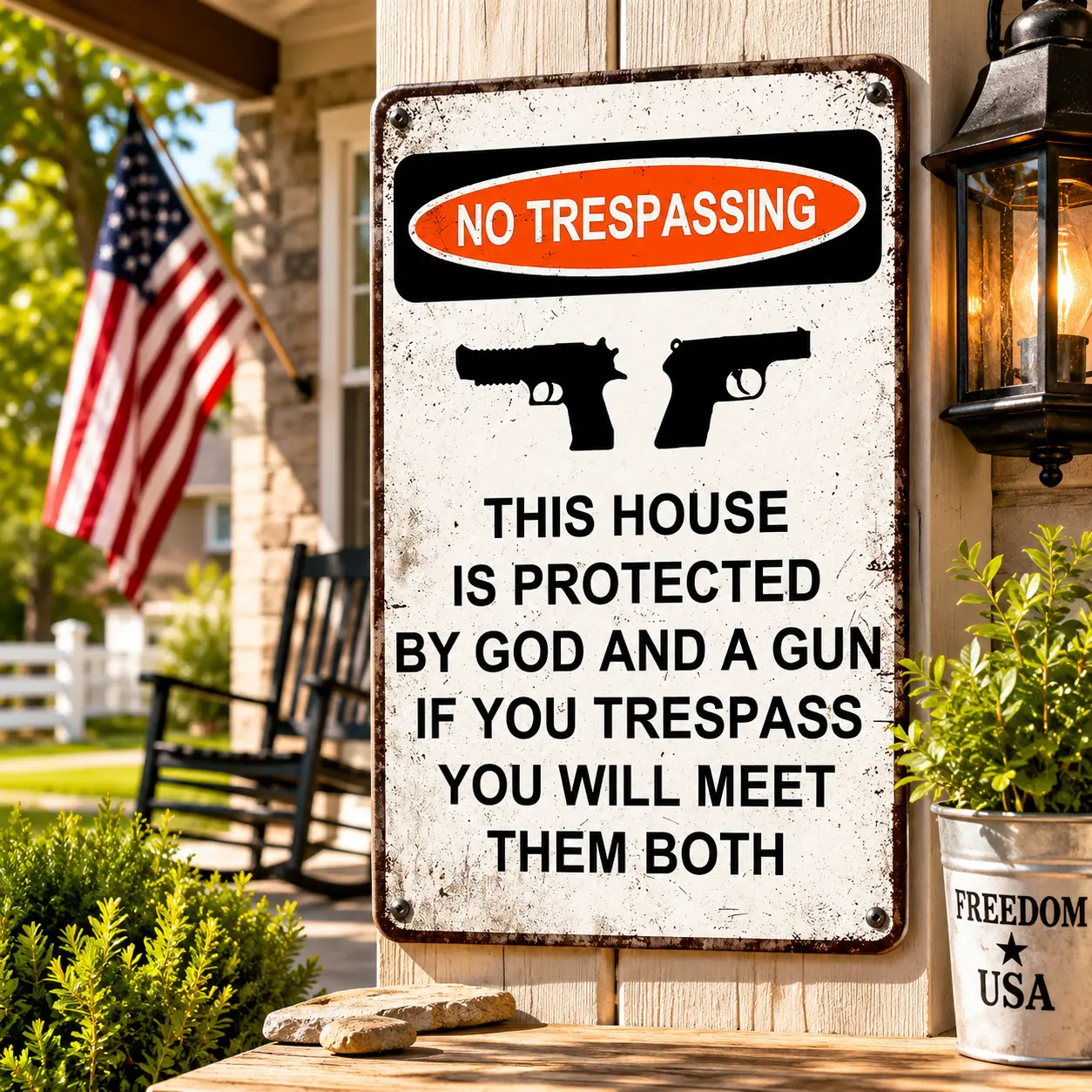 Funny No Trespassing Rectangle Metal Sign - Waterproof, Lightweight Vintage Tin Sign with "This House Is Protected By God And A Gun" Print, Rustic Farmhouse Wall Decoration, Man Cave Garage Gift for Dad, Water Proof