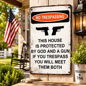 Funny No Trespassing Metal Sign – This House Is Protected By God And A Gun Vintage Tin Sign, Rustic Farmhouse Wall Decor, Man Cave Garage Gift For Men